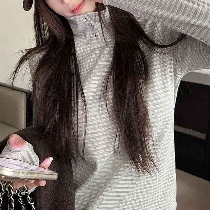 

Базові корейські футболки з відкладним коміром Осінній модний одяг для жінок на ґудзиках Стійкий комір Смугасті Повсякденні Довгий рукав Пуловери S сірий колір