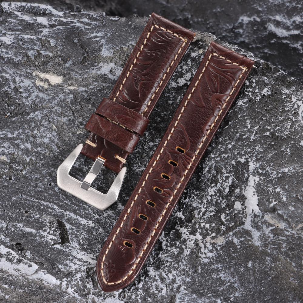 Handgefertigte Rindsleder-Uhrenarmbänder 20mm 22mm 24mm 26mm Vintage Crazy Horse Leder-Uhrenarmband für Panerai für Omega Schnitzerei Armband