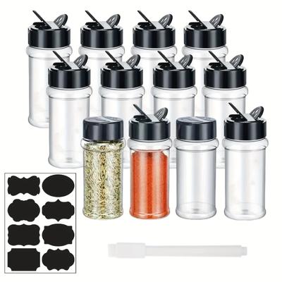 Recipiente PET rezistente la scurgeri pentru condimente și ierburi - Set de 12 borcane din plastic transparent (3 oz) cu capace de agitare, etichete și pâlnie - Fără BPA și mașină de spălat vase