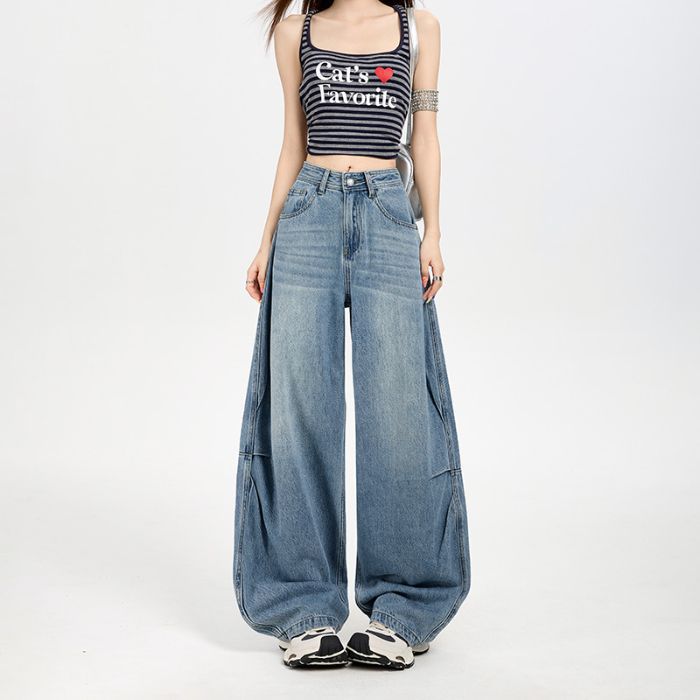 Spring Summer Tencel Lyocell Vintage Loose Silhouette Thin Saber Cut Casual Denim Pants Ladies Casual Pants Oversize Denim Trousers XS