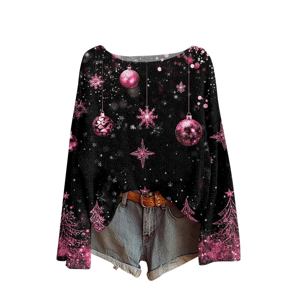 Women's Fashion Round Neck Long Sleeve Christmas Print Casual Pullover Sweater Top