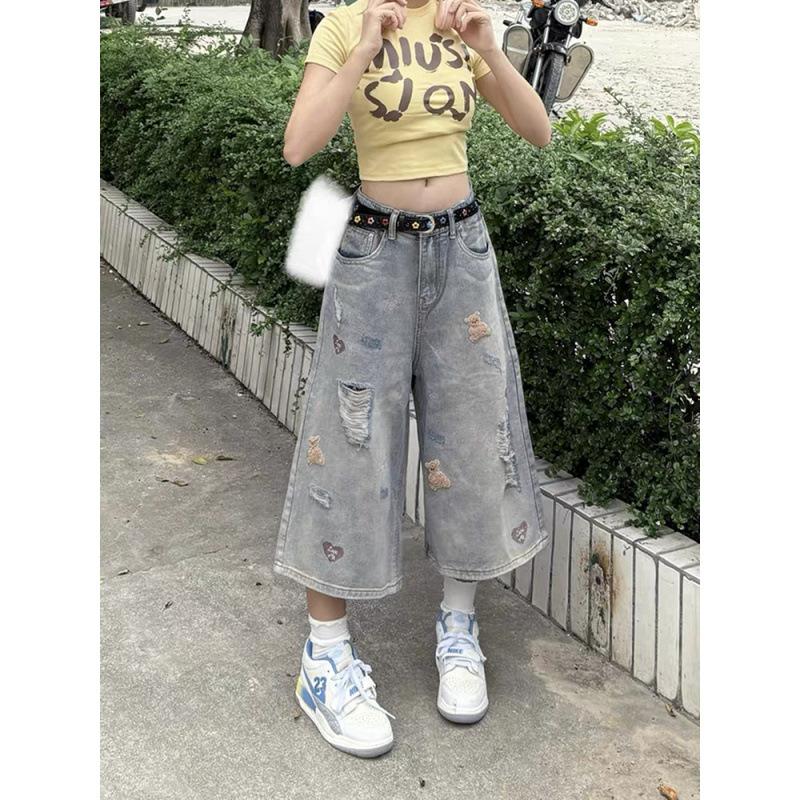 JYL Women's Cropped Jeans Ripped Bear Embroidered Summer Loose Plus-Size Denim Pants