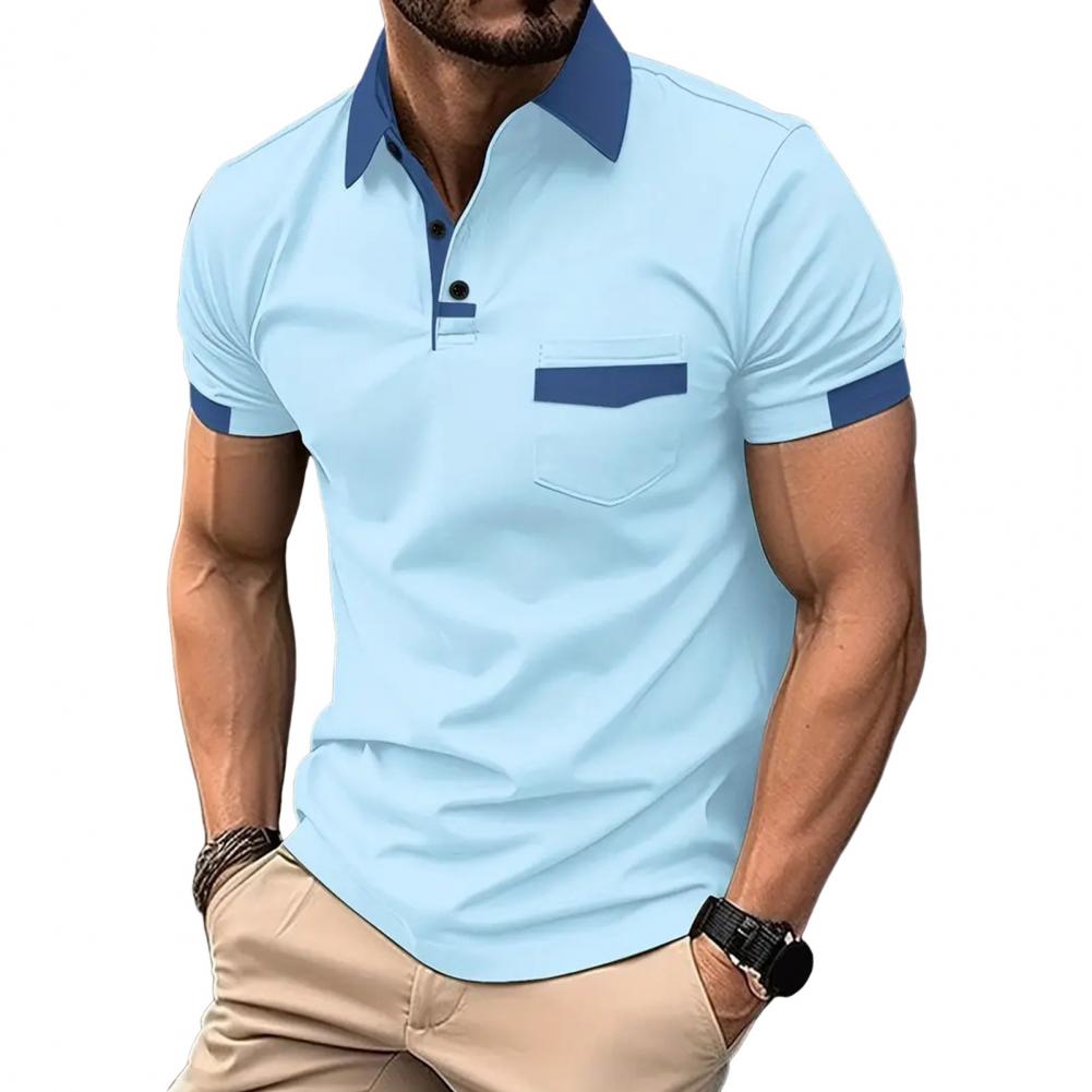

Летний мужской топ с отложным воротником, коротким рукавом, облегающий крой, нагрудный карман, пуговицы, контрастный цвет, повседневный, формальный, деловой стиль, рубашка S светло-синий