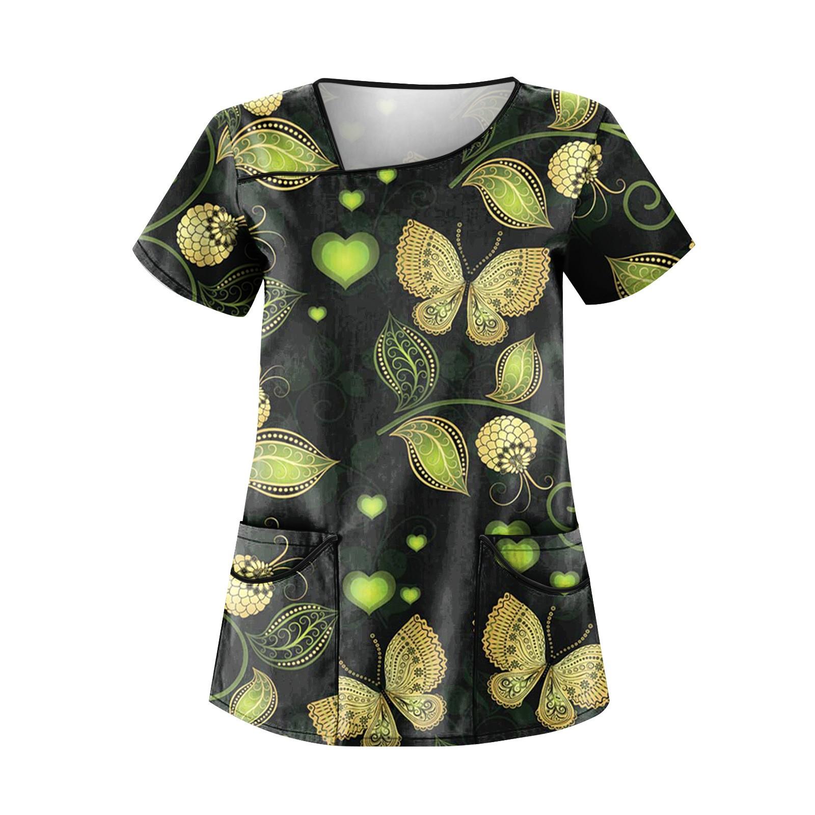 

Женская рабочая одежда с принтом «цветы и бабочки» с косым воротником и карманами, базовые топы, пуловер XL чёрный