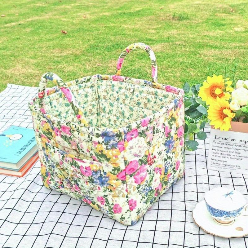 Large Floral Canvas Storage Basket - Washable Organizer for Clothes, Jewelry & Accessories, Pink Rose Design, Home & Travel