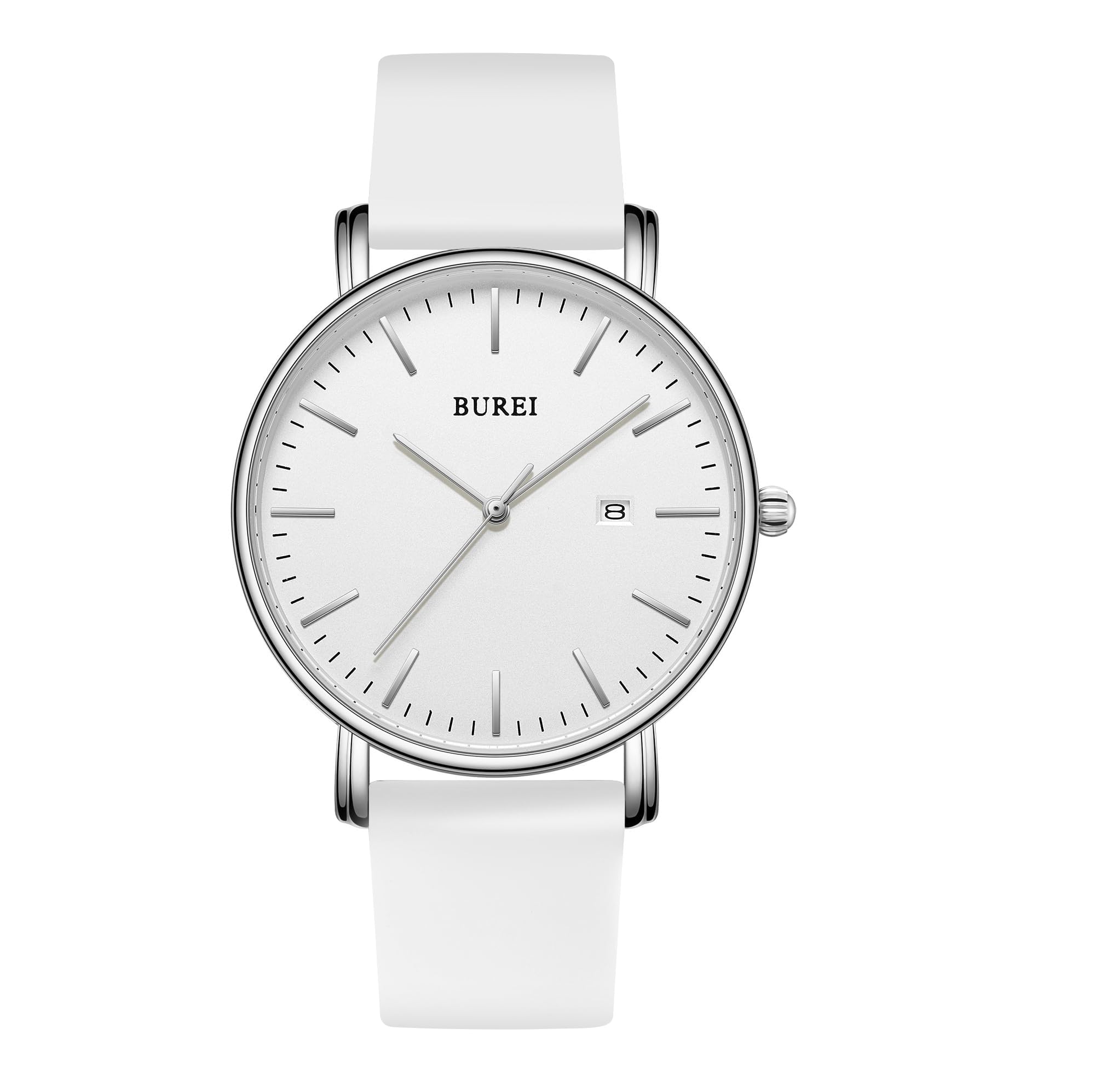 

BUREI Men s Watch Classic Analog Dial Date Quartz Ultra-thin Stainless Steel Mesh Band All Silver White Strap