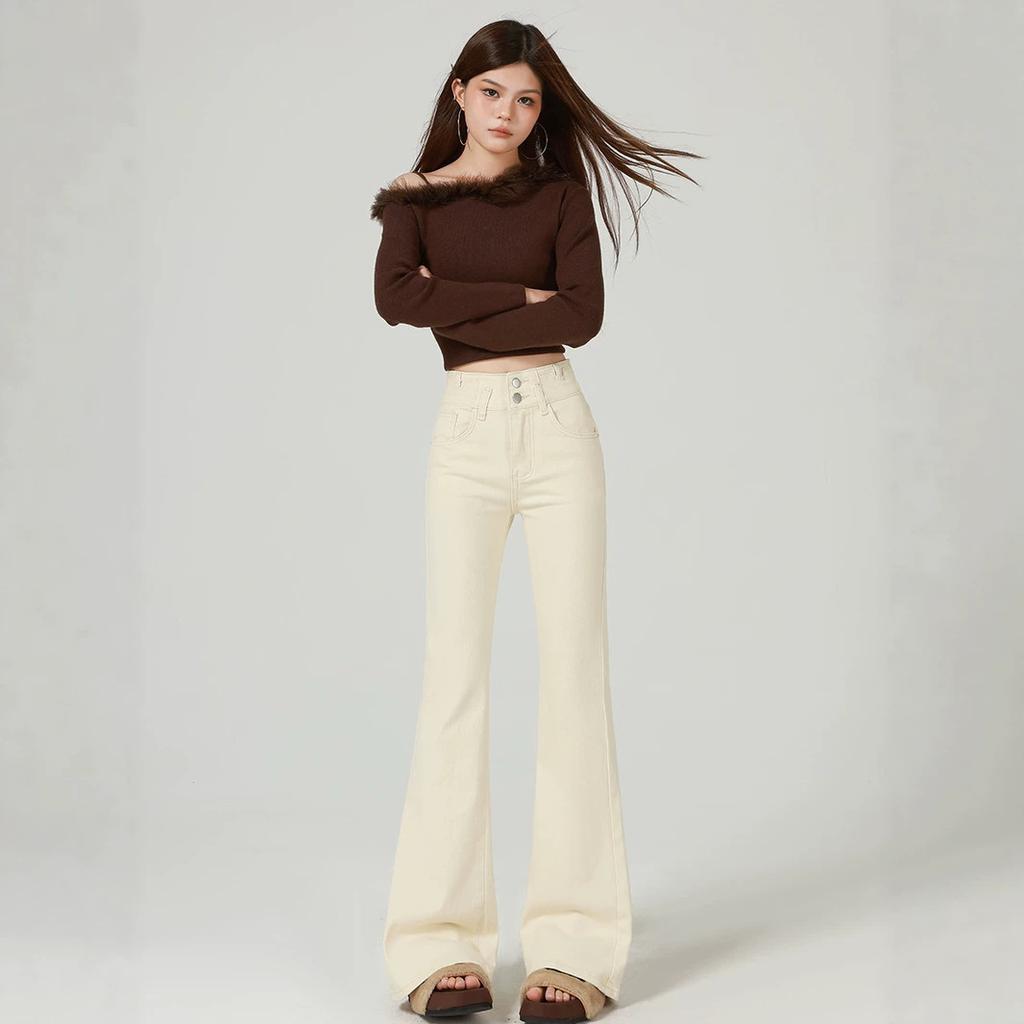 Slightly Pulled Jeans Women's Velvet Trousers New Autumn and Winter Small Light-colored Elastic High-waisted Thin Horn Pants