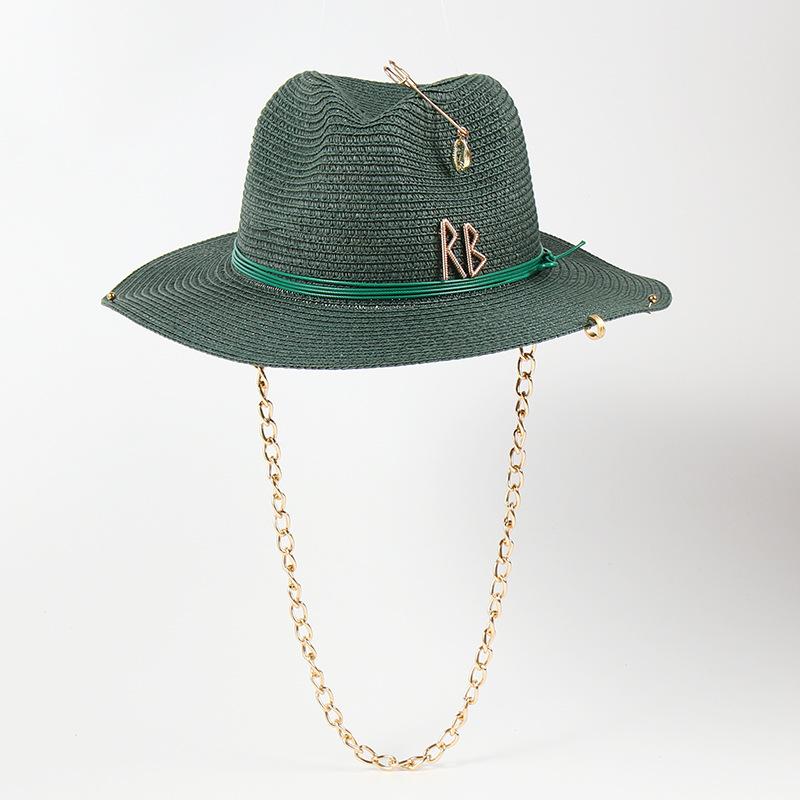 Damen Fedora Strohhut mit Kettenakzent - Faltbarer UPF 50+ Strandsonnenhut, Boho Urlaubs faltbare Sommer Mode M 56-58cm dunkelgrüne