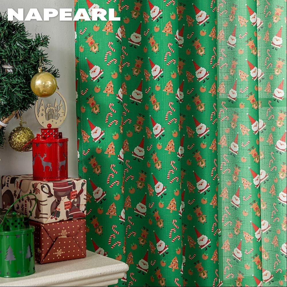 1PC NAPEARL Christmas Style Semi Blackout Curtains Santa Claus and Elk Pattern Green Curtains for Living Room Bedroom Balcony Window Home Decor