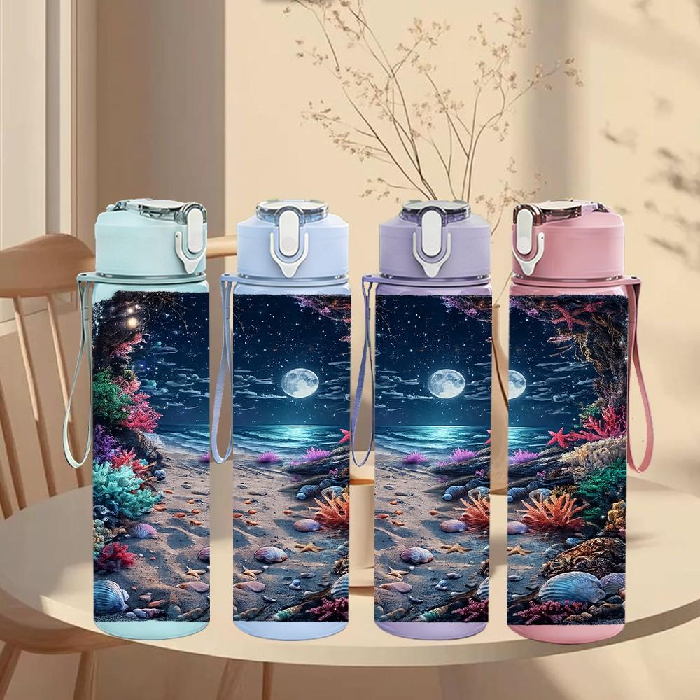 1PC Moonlit Ocean Deep Sea Scene Print 750ml Color Plastic Sports Water Bottle Leakproof Flip Straw Lid Suitable for Sports Office Home Use