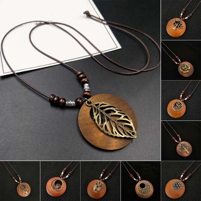 Women Sweater Chain Single-layer Wooden Beads Rose Decor Pendant Retro Ethnic Style Clothes