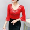 Summer Streetwear Women's Tops Shirt Elegant Slim V-Neck Hot Diamonds Mesh T-Shirt Flare Sleeve Slim Tees
