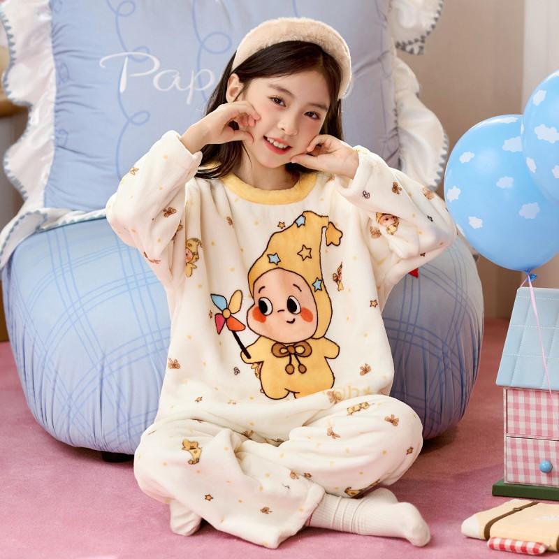 Girls Flannel Pajama Set Cartoon Warm Homewear Kids Winter