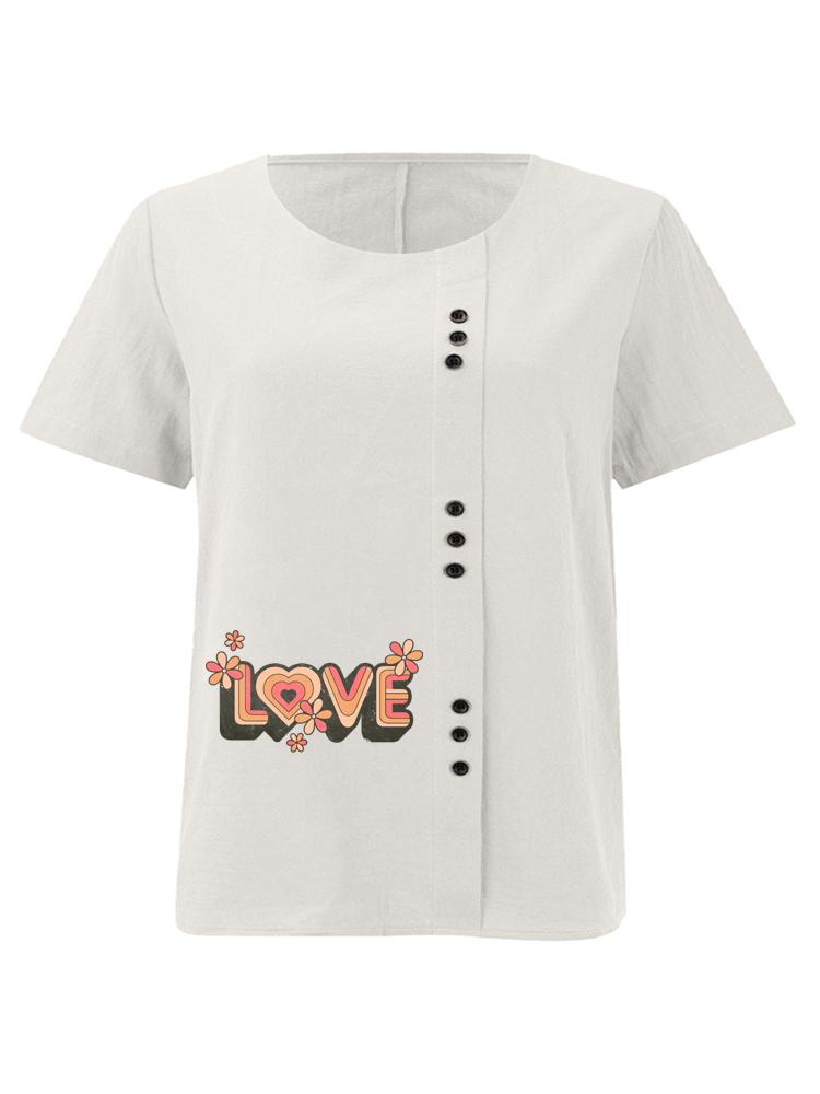 Women's Fashion Love Letters Print Casual Cotton Linen Short Sleeve Round Neck T-shirt Shirt Leisure Loose Summer Blouse Tops