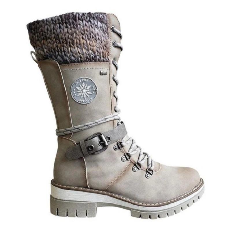 European and American Foreign  New Front Lace-up Middle Tube Square Heel Round Head Knight Boots Women's Cross-border Belt Buckle Thick Bottom Thin