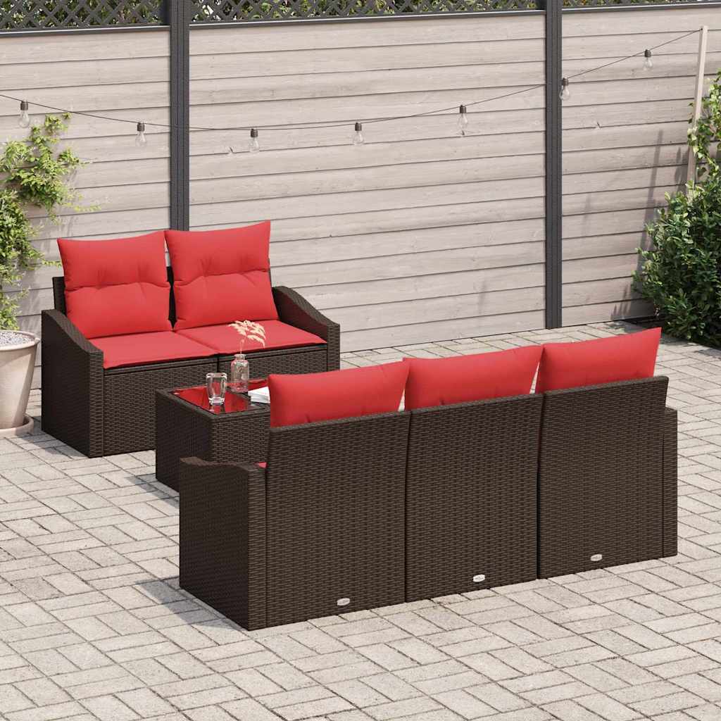 Sofa Set 6 Pieces 3 Seater Brown and Red Poly Rattan
