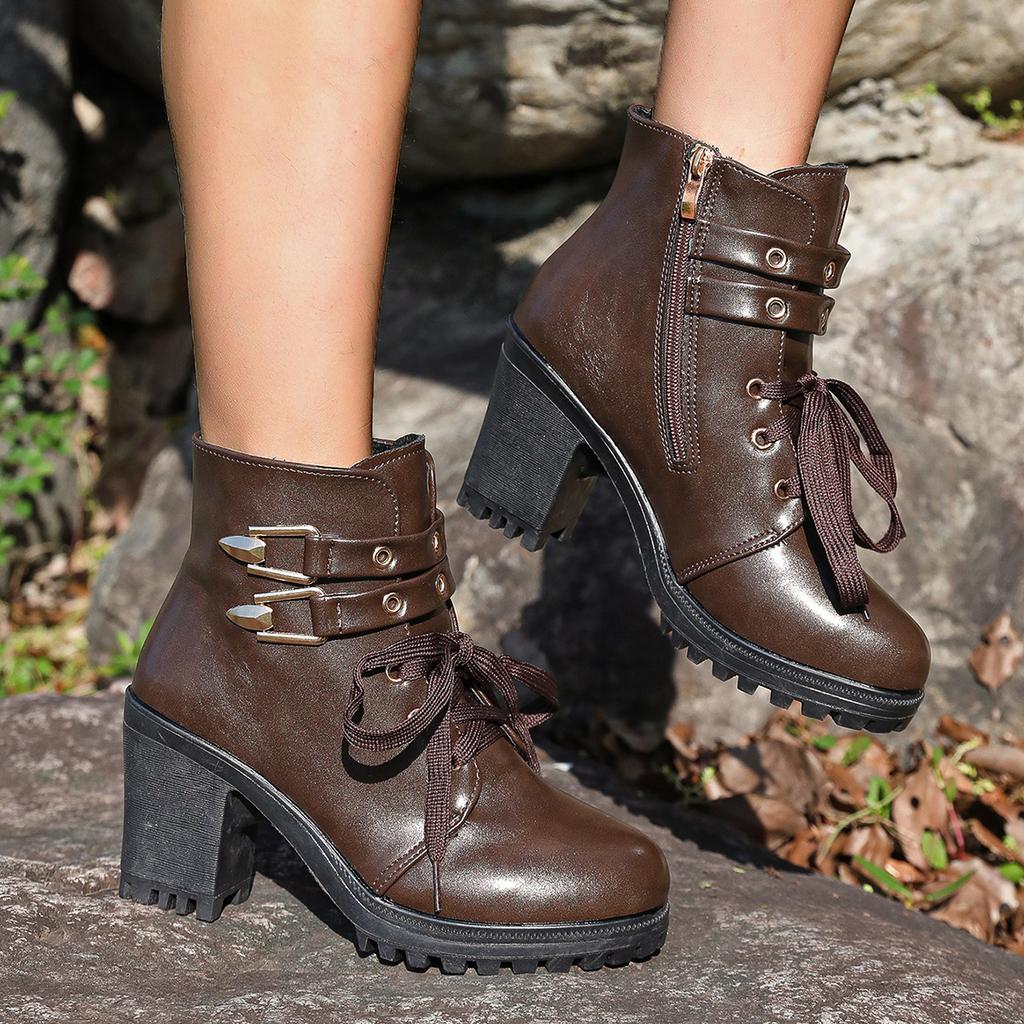 Large size short boots 22 autumn and winter new British style belt buckle thick heel round head high heel Martin boots