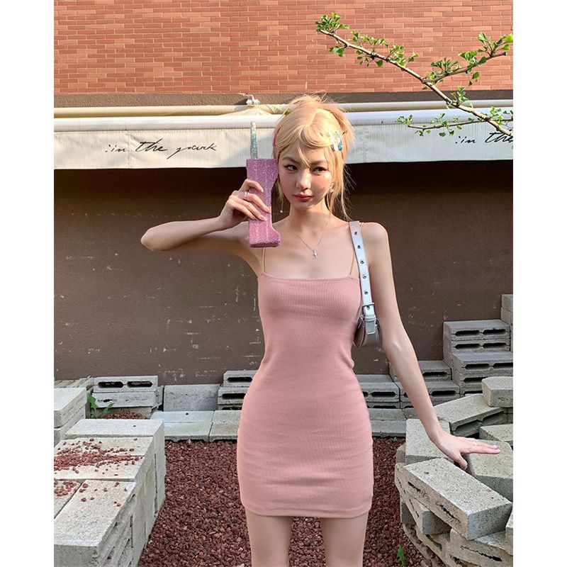 Summer sexy sweet and spicy pink camisole dress for women, Korean design design fitting slimming base pencil skirt