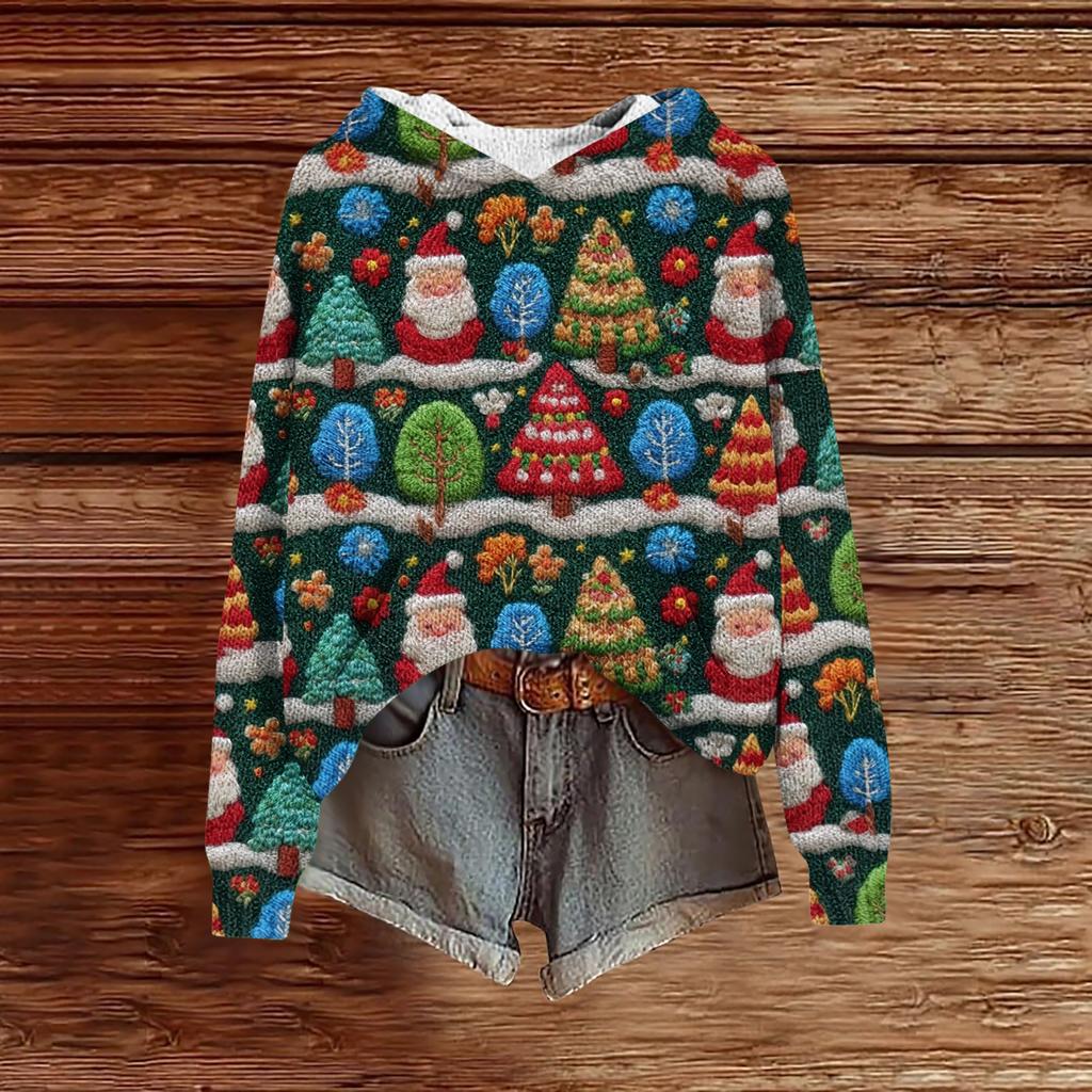Women's Fashion Casual Long Sleeve Christmas Print Hooded Knitted Sweatshirt