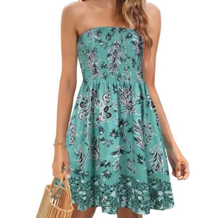 Summer Off Shoulder Dress Women Sleeveless Backless Bohemian Floral Printed A-line Elastic Bust Knee Length Beach Vacation Bandeau Dress