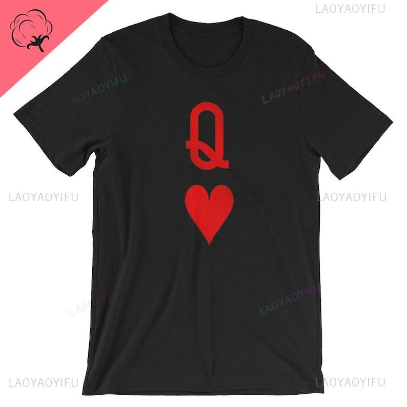 Queen of Hearts Playing Card T-shirt K Q Red Poker Card T Shirt Playing Card Cotton Tees Sustainable Unisex Classic Couple Gift
