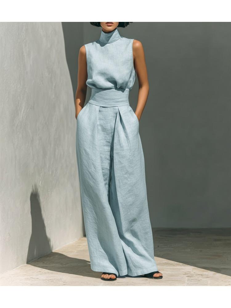 Women s Plain-coloured Cotton-linen Sleeveless Casual Trousers and Top Set S