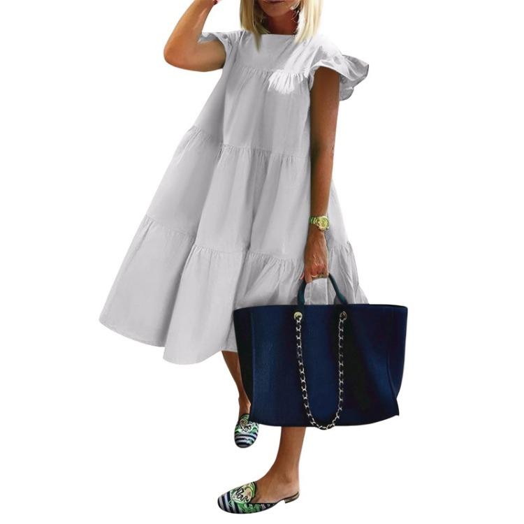 Ležérní volné šaty s volánkovými rukávy, kulatým výstřihem a jednobarevné pro ženy