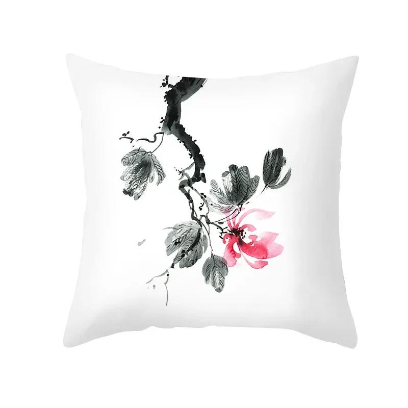 Plant Printed Pillow Pattern White Cushion Cover for Home Living Room Sofa Decoration Polyester
