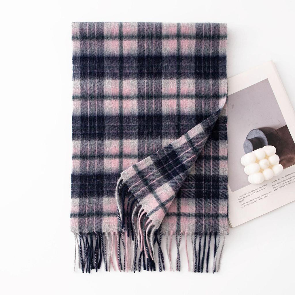 Women's 100% Wool Plaid Scarf - Korean Style, Autumn/Winter 2025, Long Tassel Shawl, Cold-Proof and Warm