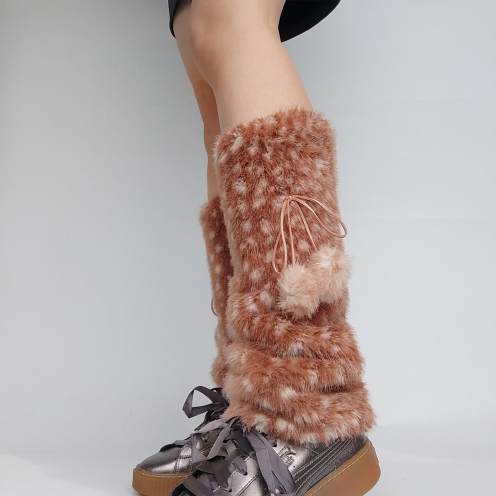 Brown Deer Pattern Artificial Fur Leg Warmers Warm Fur Fluffy Legs Warmth with Bow Tie and Fur Ball, for Women's