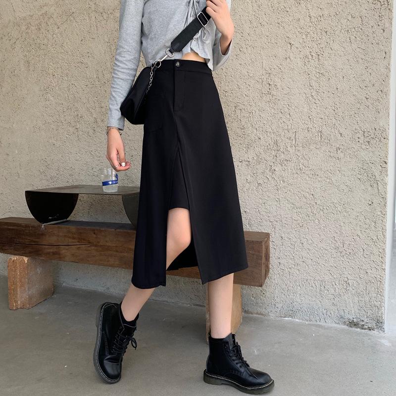 

IELGY трапециевидной формы, корейская версия, однотонная однотонная юбка средней длины с высокой талией, тонкая юбка с нерегулярными разрезами L чёрный