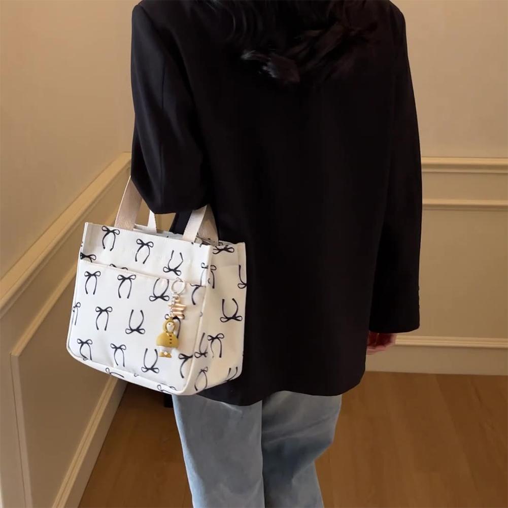 Canvas Lunch Bag with Handle Bow Print Tote Bag Lightweight Hobo Bag for Women Girls School Office Meal Prep Bag Cute Lunch Bag