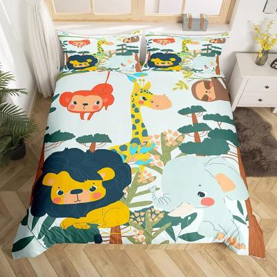 Funda de edredón con dibujos de animales, juego de cama con adorable jirafa, mono, tigre y elefante, funda de edredón de poliéster con adorable vida salvaje
