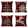 Red Plaid Sofa Linen Christmas Pillow Cover Reindeer Snowflake Home Cushion Cover