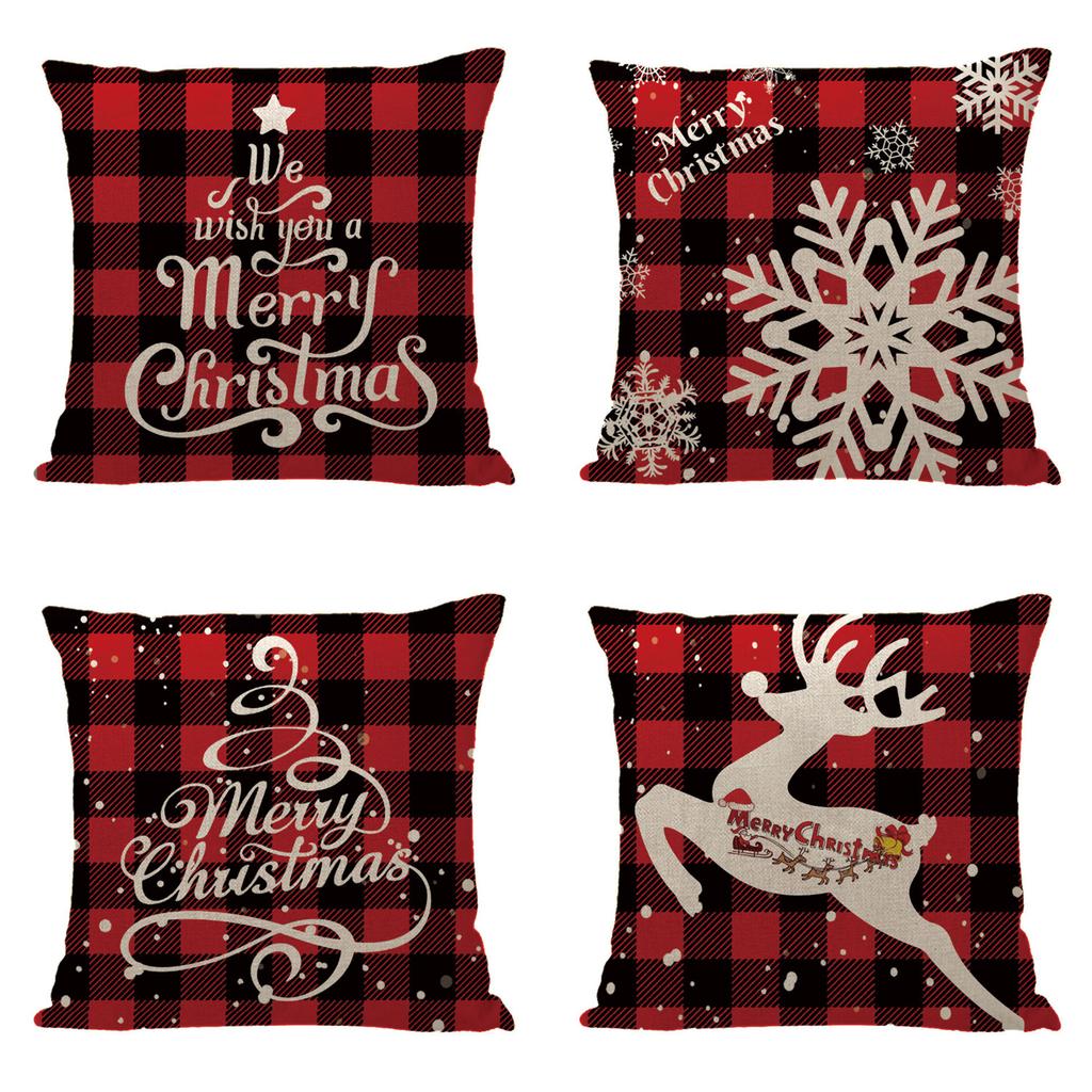 Red Plaid Sofa Linen Christmas Pillow Cover Reindeer Snowflake Home Cushion Cover
