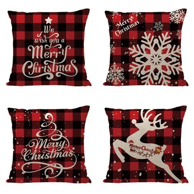 Red Plaid Sofa Linen Christmas Pillow Cover Reindeer Snowflake Home Cushion Cover