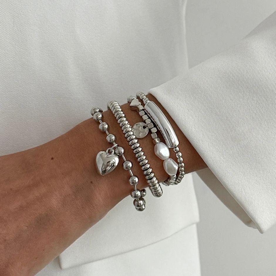

Ingemark 4Pcs/Set Trendy Imitation Pearls Metal Heart Pendant Bracelets Women Creative Sliver Color Cube Chain 2026 New Jewelry