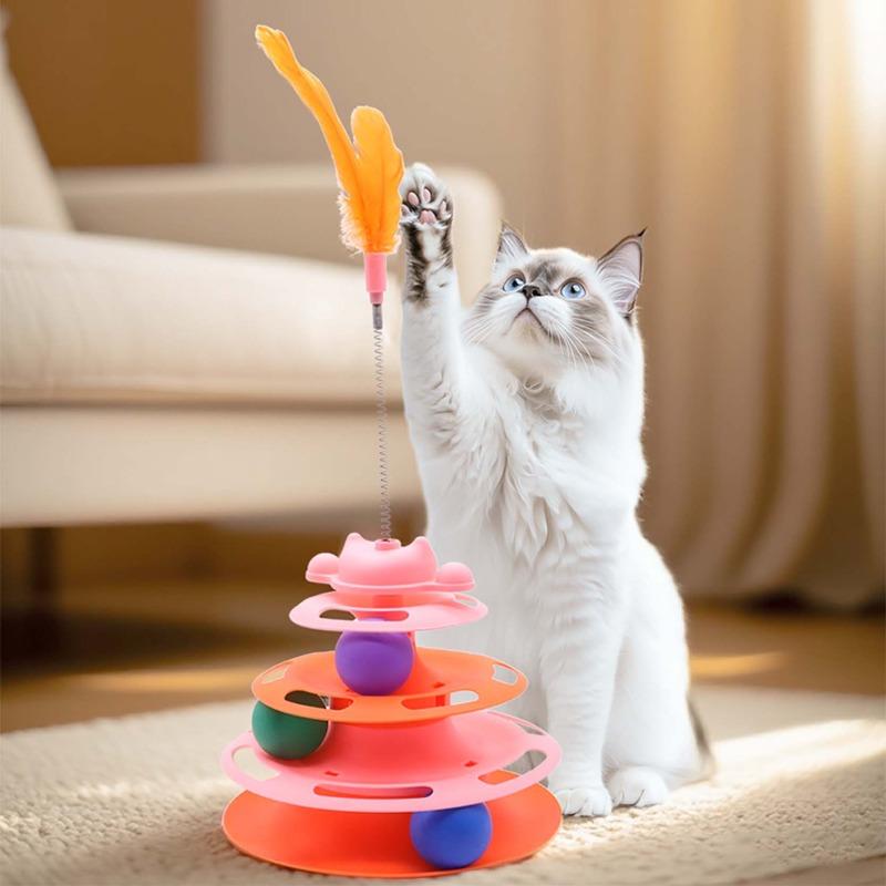 Pet Cat Toys, Feather Cat Tower, Turntable Ball, Cat Self-entertainment Toys, Interactive and Boring Track Cat Toys, Cat Teaser Sticks