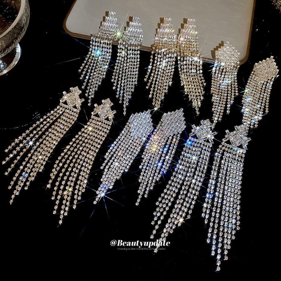 Silver Needle Rhinestone Geometric Rhombus Tassel Earrings - Luxurious & Stylish Ear Jewelry for Women
