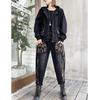 Women's Spring/Fall Printed Set Casual Hooded Denim Jacket + Pants Retro Two-Piece Set