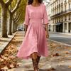 Damen Baumwoll-Leinen Midi Kleid Lässig Rundhalsausschnitt Langarm Schwingkleid Sommer Falten A-Linie Fließendes Kleid