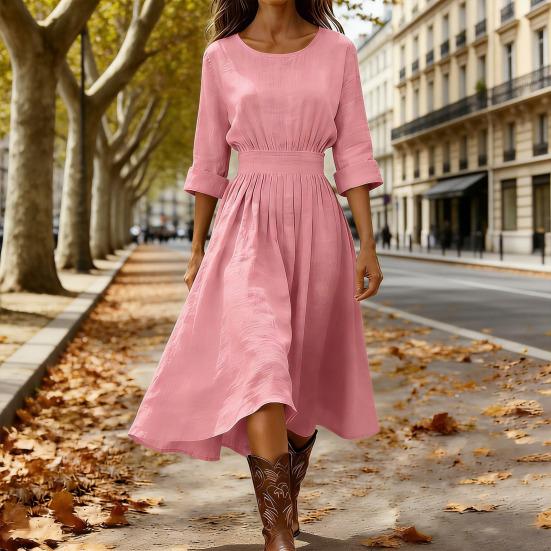 Damen Baumwoll-Leinen Midi Kleid Lässig Rundhalsausschnitt Langarm Schwingkleid Sommer Falten A-Linie Fließendes Kleid
