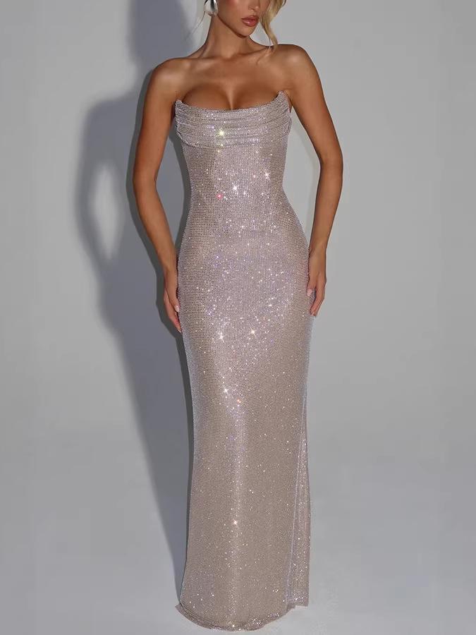 European American Women's Socialite Style Slim Fit Sleeveless Sequin Evening Gown Dress 8226