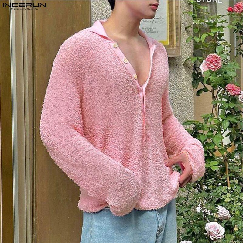 INCERUN Oversized Men Lapel Neck Long Sleeve Buttons Casual Loose Texture Pullovers Tops