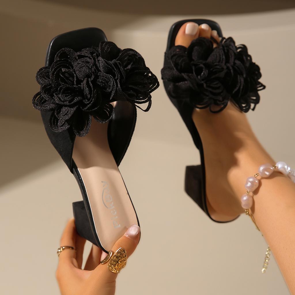 Women Sandals Flower Jelly 2025 New Designer Glitter Floral Shoes for Women Outdoor Square Heel Luxury High Heels Sandals Women