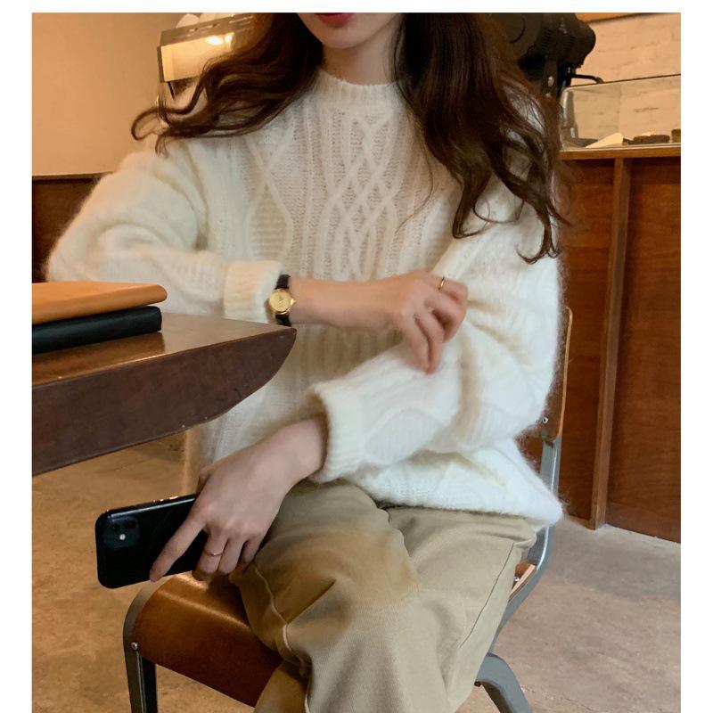 Women's Gentle Style Cashmere Round Neck Cardigan - Autumn Winter Twist Flower Knit Sweater