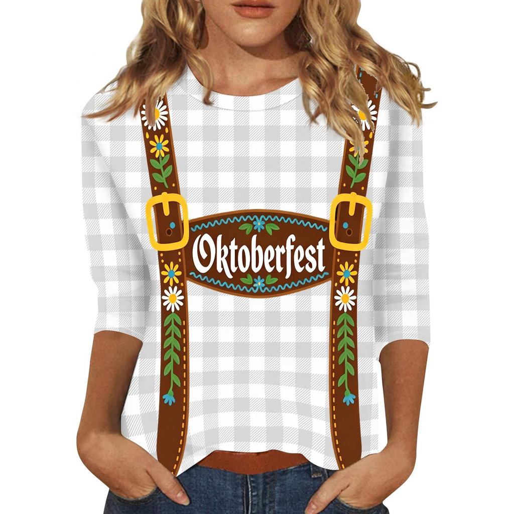 Damen Casual Oberteil mit Dreiviertelärm, Oktoberfest-Print, Rundhalsausschnitt, Leicht, Bequeme Passform für Saisonale Veranstaltungen und den Alltag
