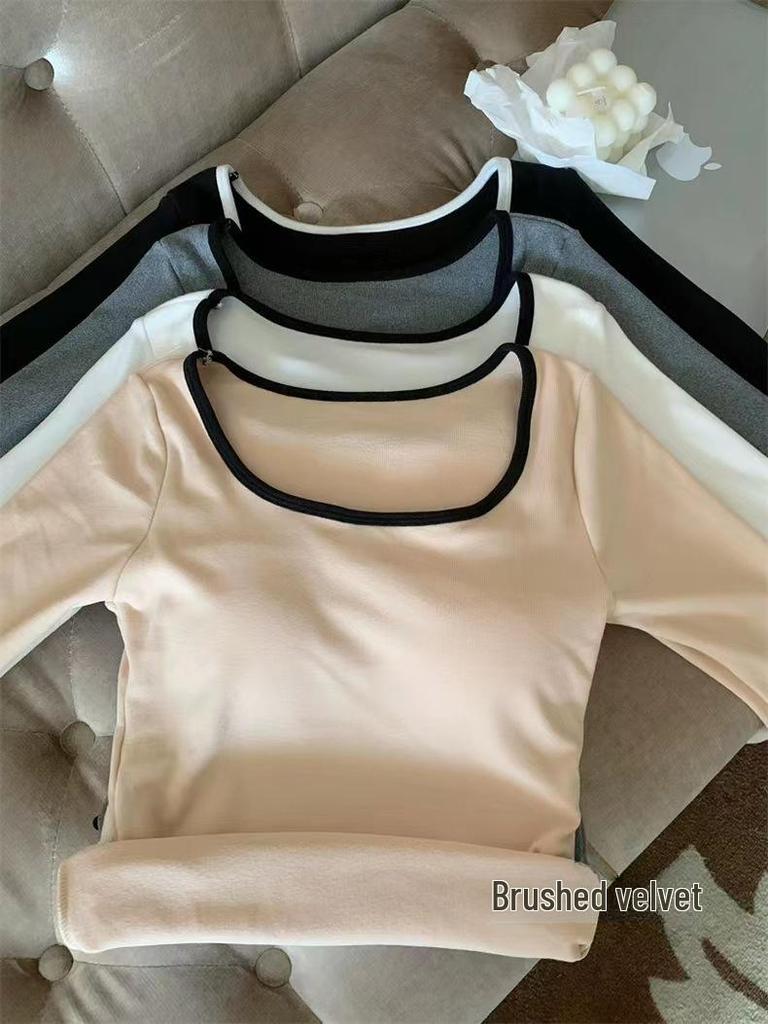 Korean Autumn/Winter Square Collar Long-Sleeve Velvet T-Shirt with Chest Pads for Women - Slim, Versatile, Warm Bottoming Top