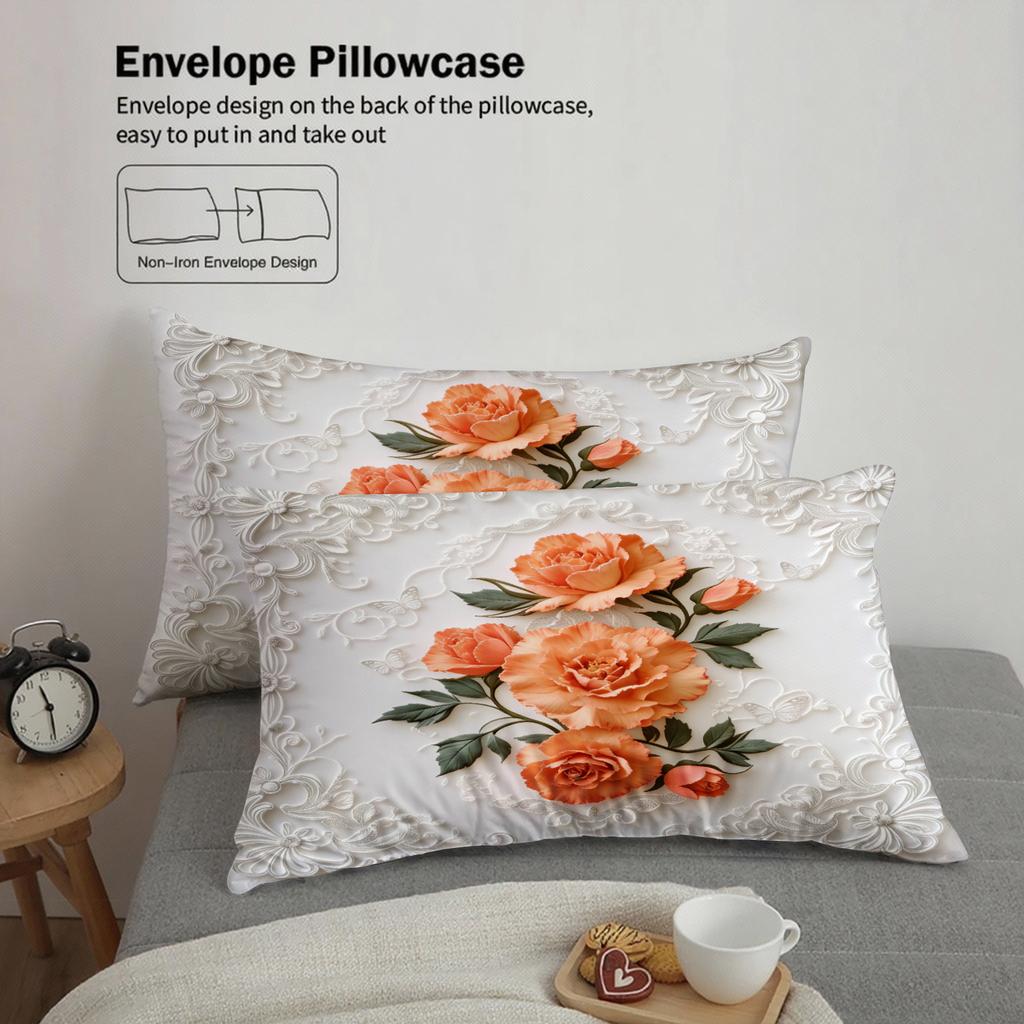 Floral Embroidered Bedding Set White Orange Rose Pattern Bedding With Duvet Cover Pillowcases For Bedroom