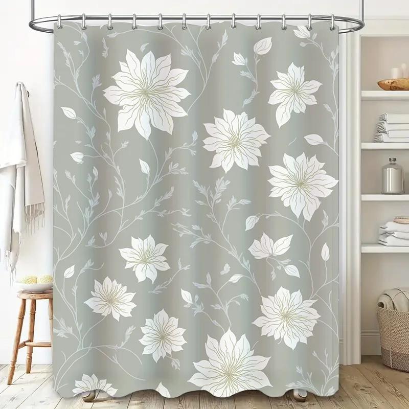 Modern Floral Shower Curtain Grey White Decor for Bathroom with Hooks Included Home Decor Accessories